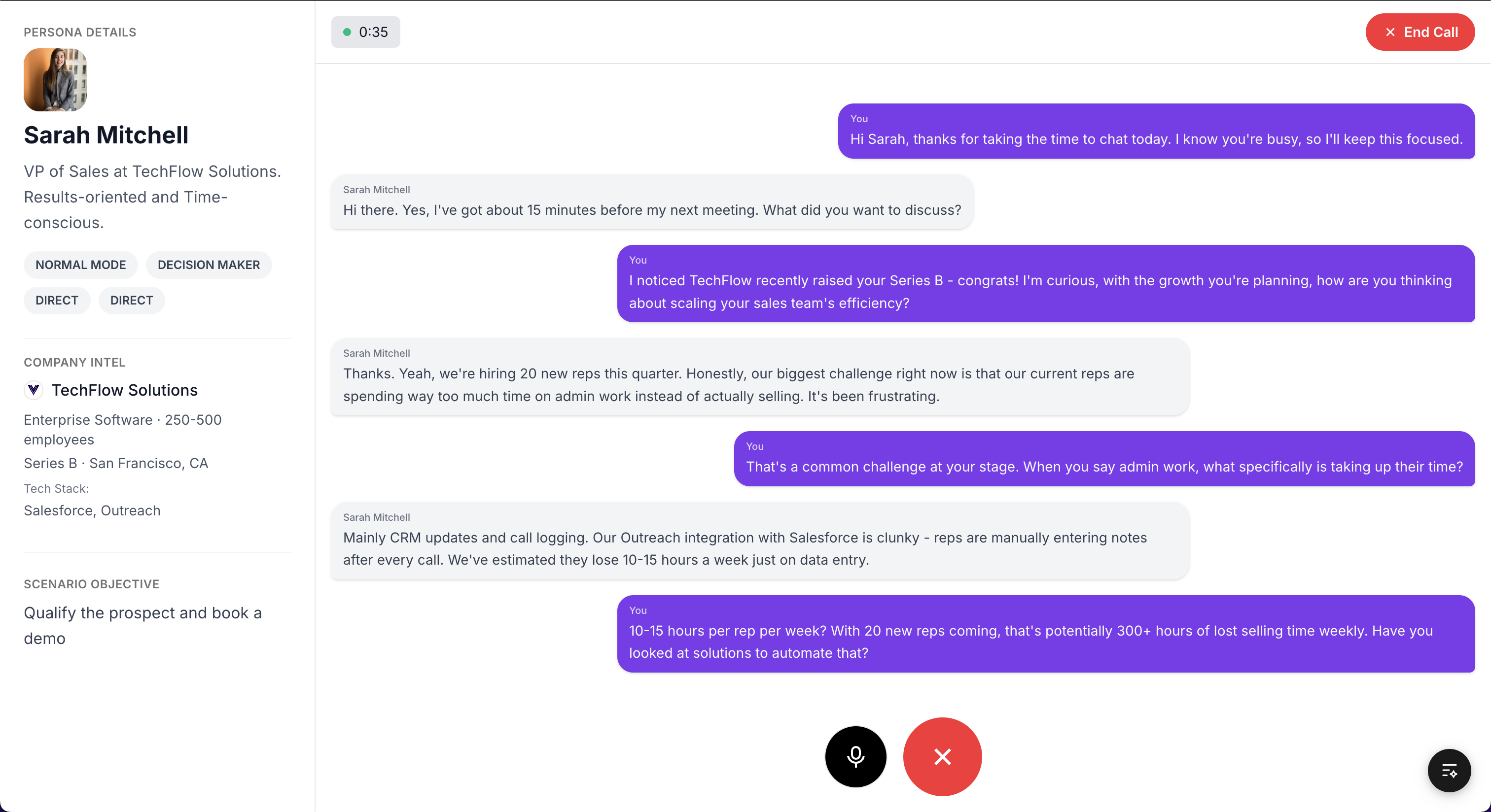 ColdCall Practice - AI-powered sales call training interface